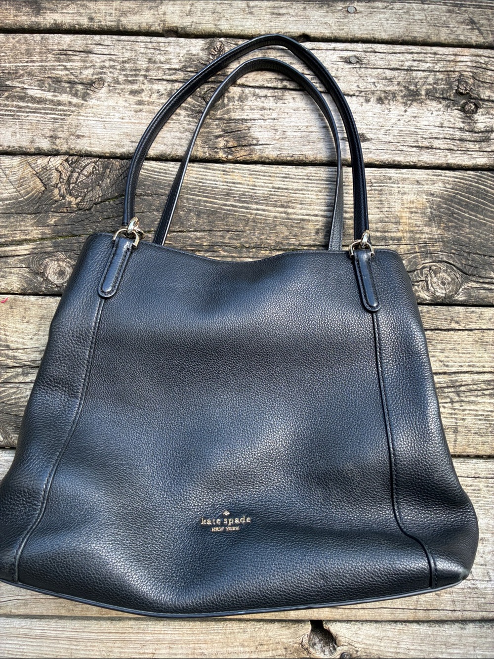 kate spade Black Pebble Leather Tote with Gold Logo